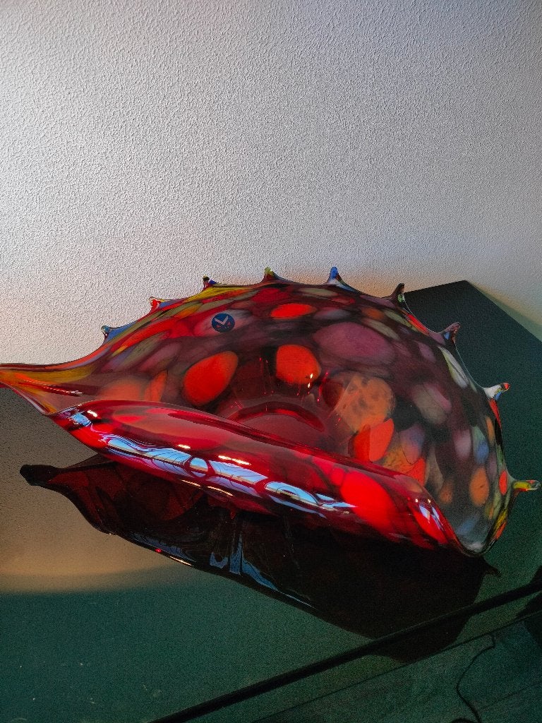 Murano Schaal Schelp Organisch Rood Zwart Geel Pontil 1980, Antiek en Kunst, Ophalen of Verzenden