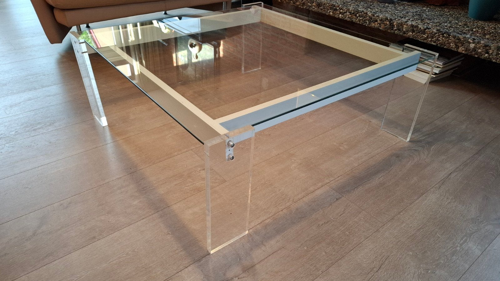 Glazen salontafel met houten frame, Huis en Inrichting, Tafels | Salontafels, Ophalen, Gebruikt, 50 tot 100 cm, Vierkant