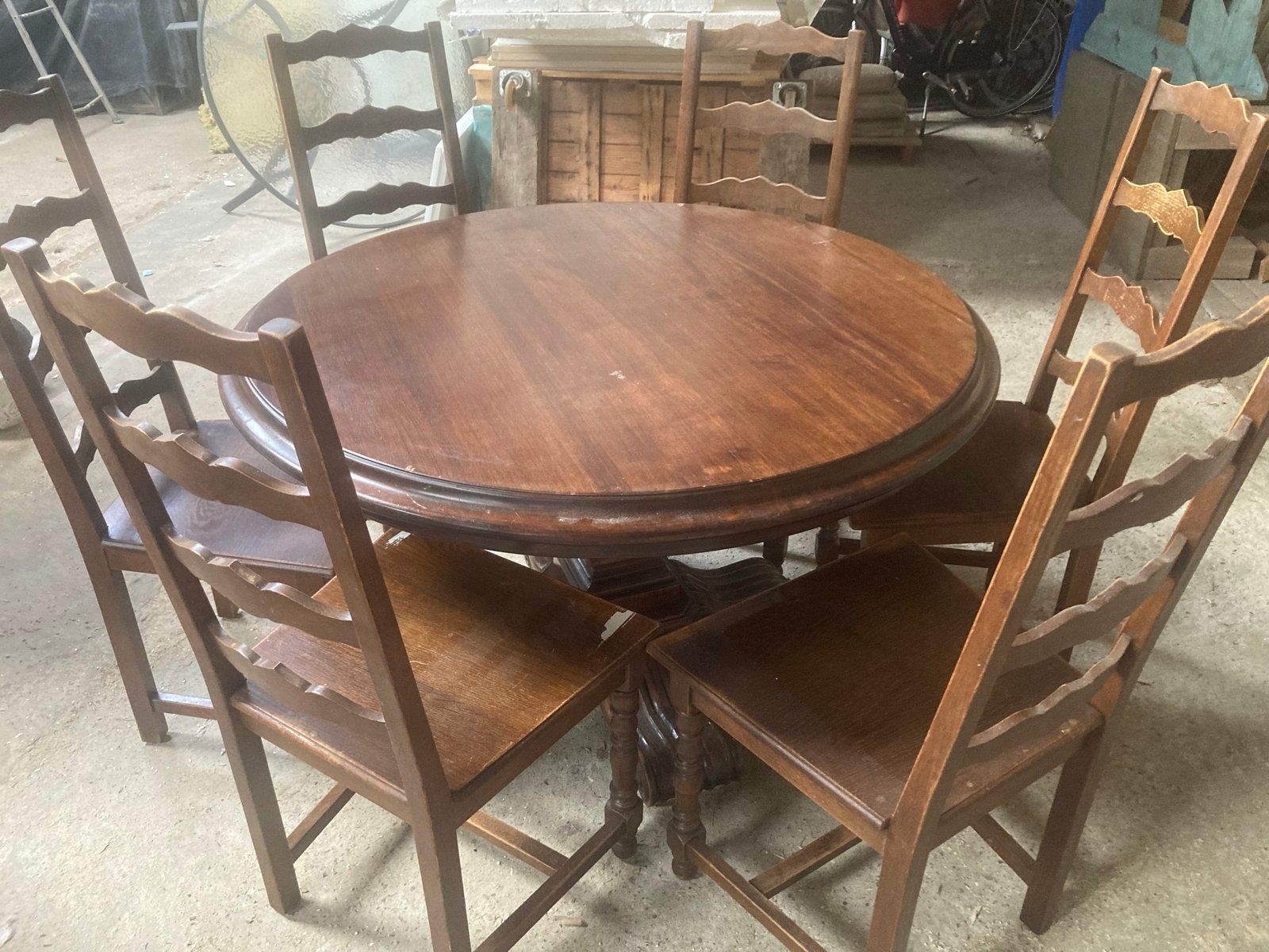 Eiken eettafel met 6 stoelen - Rond (120 cm diameter), Huis en Inrichting, Tafels | Eettafels, Ophalen, Gebruikt, 100 tot 150 cm