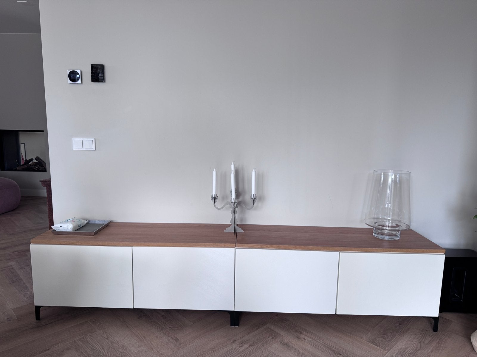 IKEA BESTÅ dressoir 240 cm | wit met houten blad | 4 deuren, Ophalen, Gebruikt, 25 tot 50 cm, 200 cm of meer