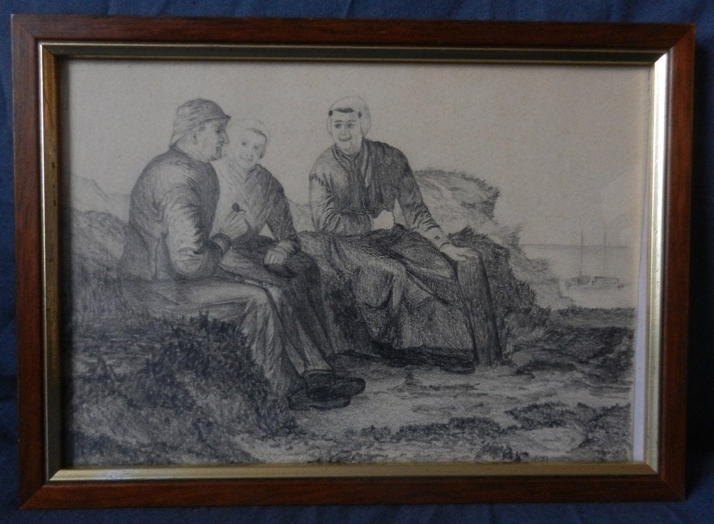 Tekening Visser en vissersvrouwen in duinen sign. J v Zanten, Antiek en Kunst, Kunst | Tekeningen en Foto's, Ophalen of Verzenden