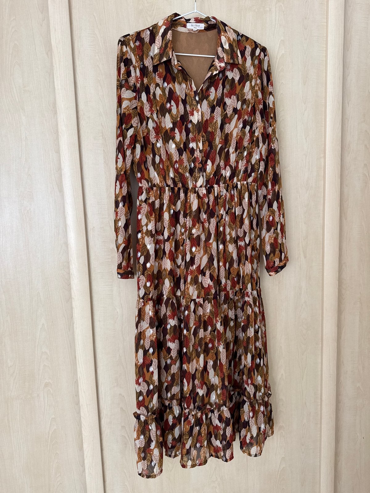 Kilky jurk met bladerenprint, Maat 38/40 (M), Bruin, Ophalen of Verzenden, Zo goed als nieuw
