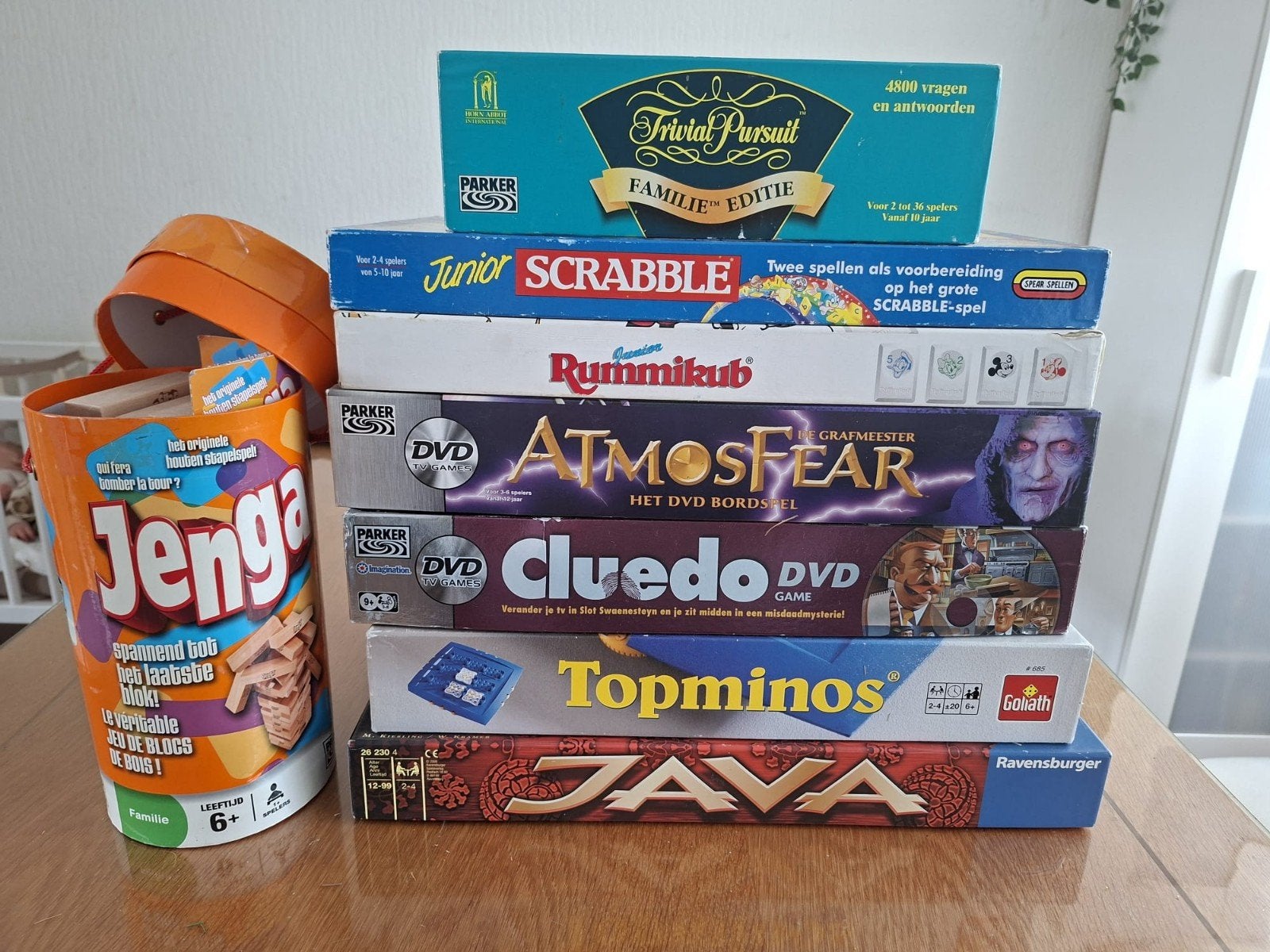 Grote collectie bordspellen:Trivial Pursuit, Jenga, Scrabble, Hobby en Vrije tijd, Een of twee spelers, Ophalen of Verzenden, Gebruikt