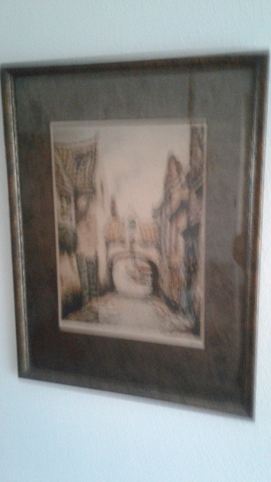 Jef Codron Oude prent/ets van een stadsgezicht met brug, Ingelijst, Ets, Stadsgezicht, Ophalen of Verzenden