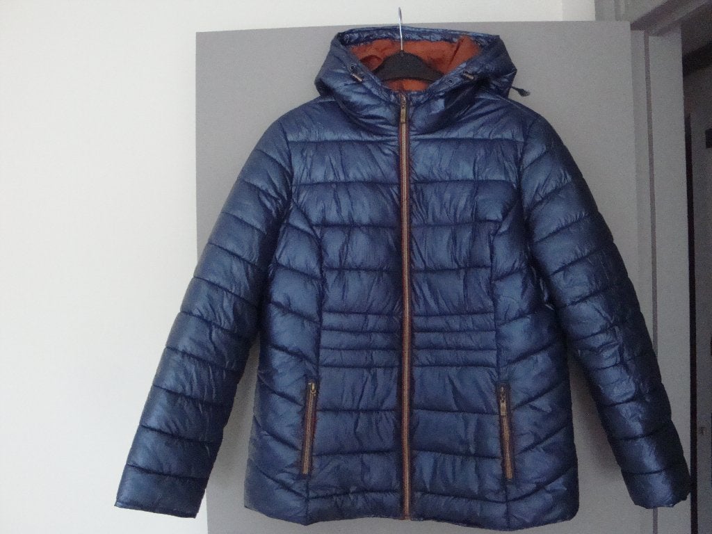 Metallic blauwe winterjas met capuchon. Maat L., Ophalen of Verzenden, Zo goed als nieuw, Maat 42/44 (L), Blauw