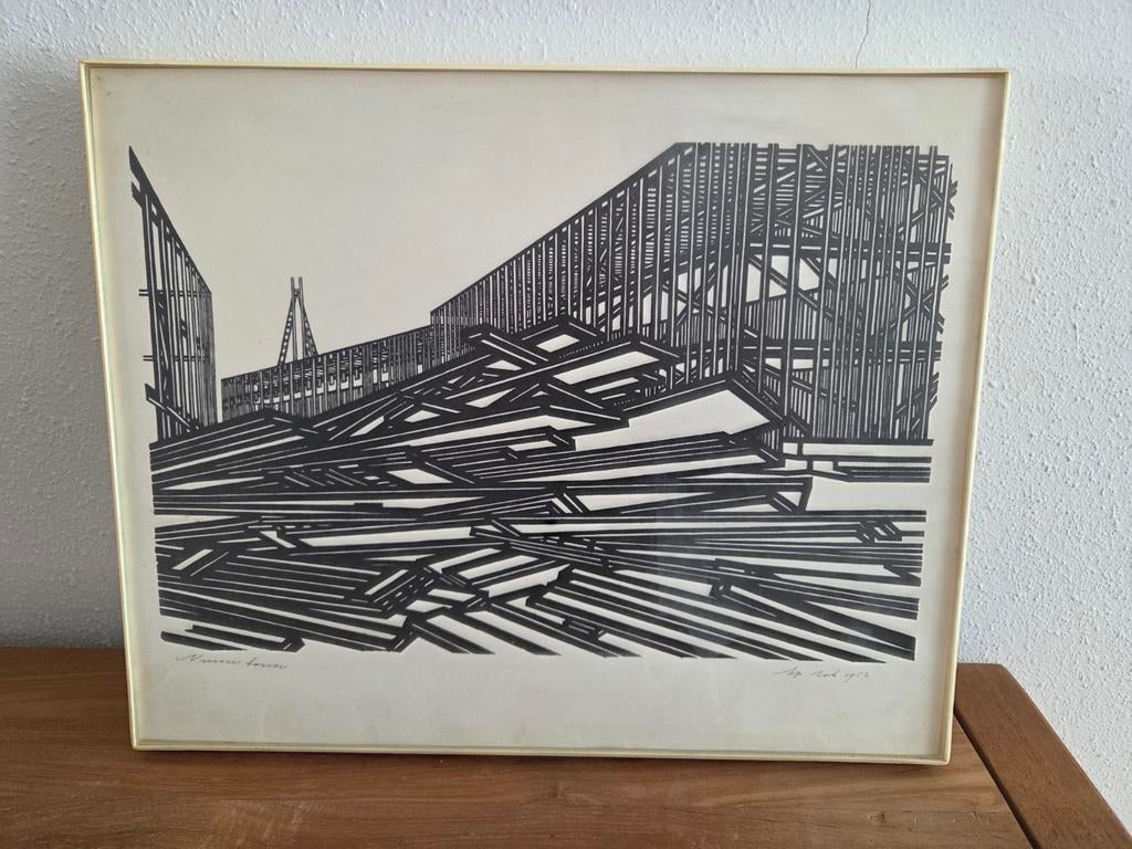 Vintage: Ap Sok Abstracte Bouwplaats Scène, Ophalen of Verzenden