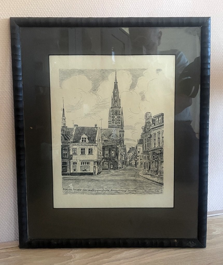 ZWOLLE - tekening Vischpoortenplas - ingelijst - 1960's, Ophalen, Print, Print/reproductie, Achter glas
