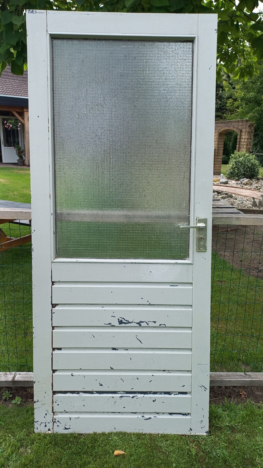 hardhouten buitendeur met draadglas., Ophalen, Gebruikt, Buitendeur, 200 tot 215 cm