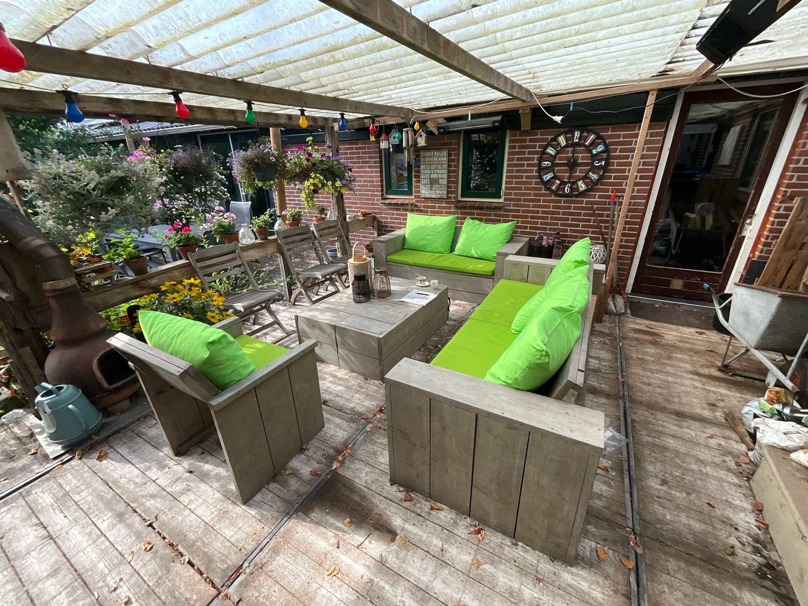 Complete steigerhouten loungeset met kussens, Tuin en Terras, Ophalen, Meer dan 8 zitplaatsen, Steigerhout, Zo goed als nieuw