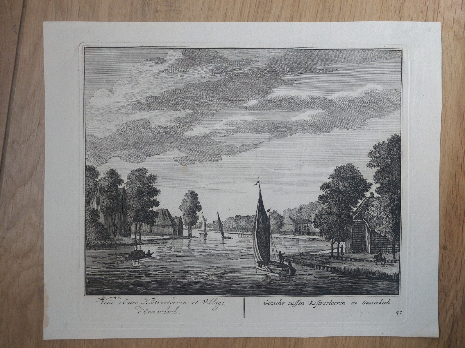 Gezicht tussen Kostverloren - Ouwerkerk Ouderkerk a/d Amstel, Antiek en Kunst, Stadsgezicht, Ophalen of Verzenden, Gravure, 15 cm