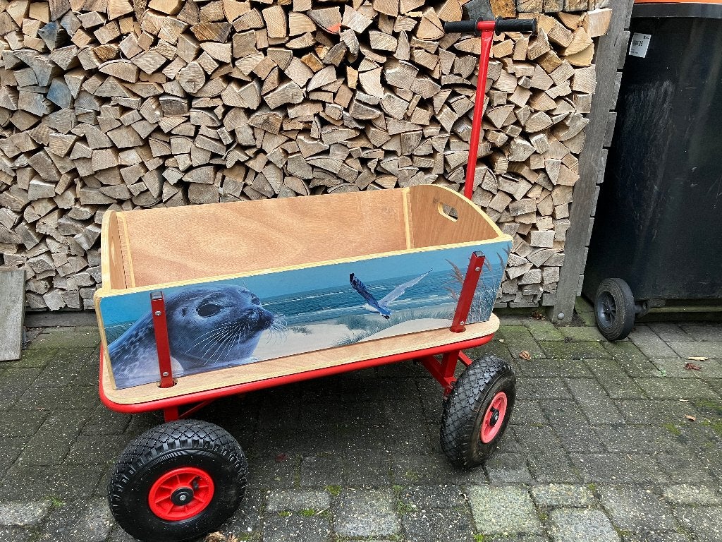 Bolderkar van hout met metalen frame met zeehondprint, Ophalen, Zo goed als nieuw