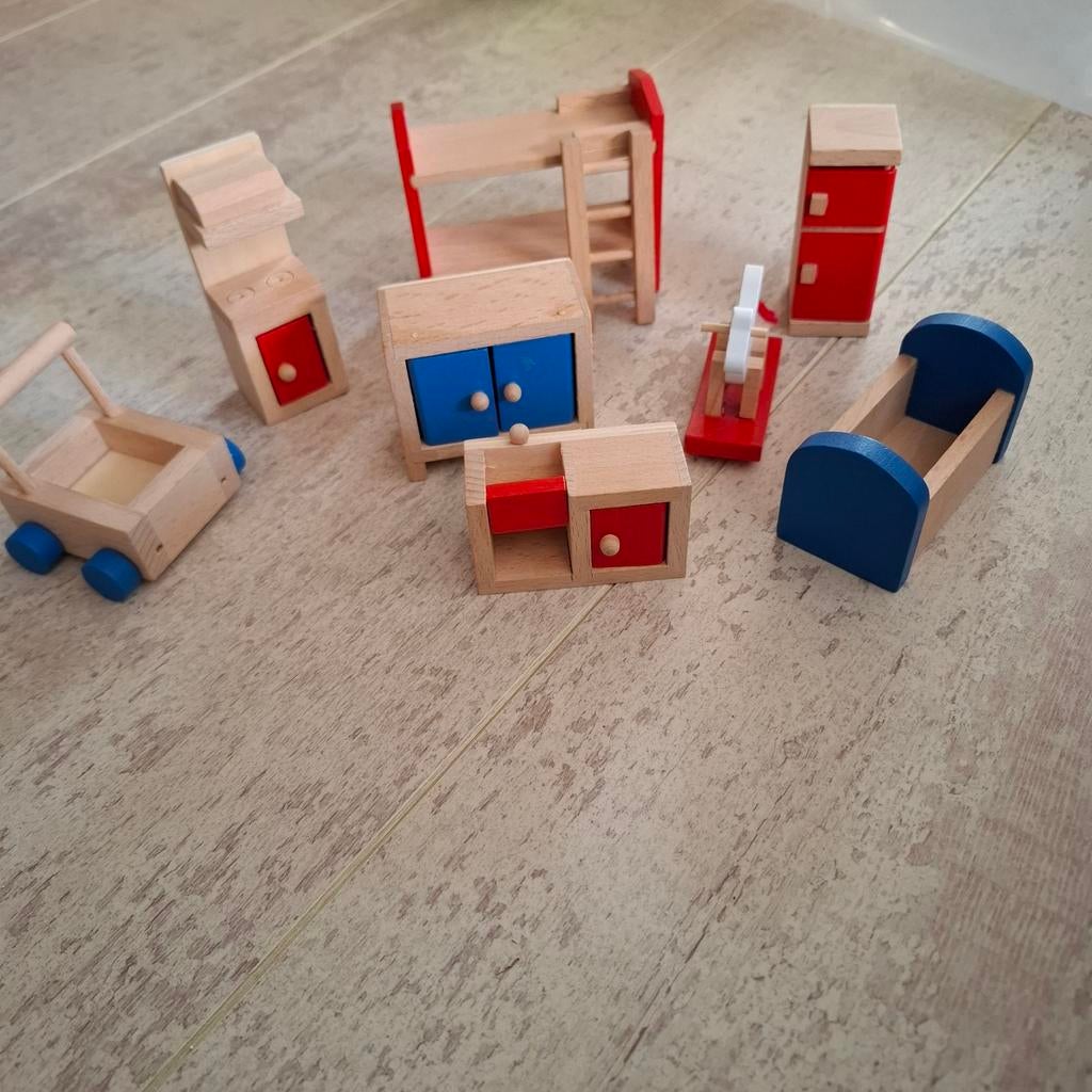 Houten poppenhuis meubels set - 7 stuks, Ophalen of Verzenden