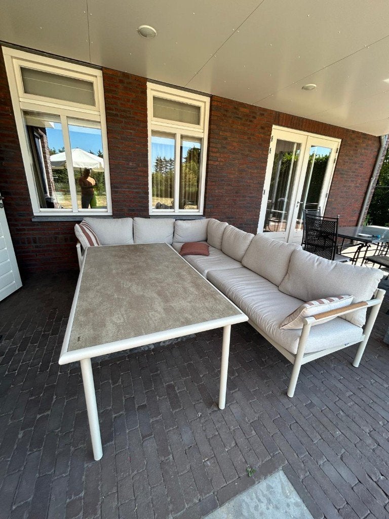 Eettafel 4 personen , aluminium, getemperred glas., Tuin en Terras, Tuinsets en Loungesets, Ophalen, Zo goed als nieuw, Aluminium