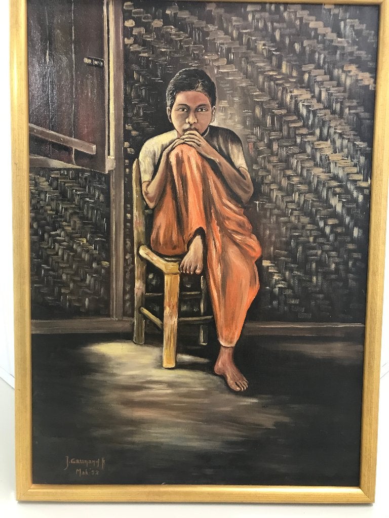 indonesische school olieverf op doek vrouw/jongen op stoel, Ophalen, 91 cm, Schilderij, Overige materialen