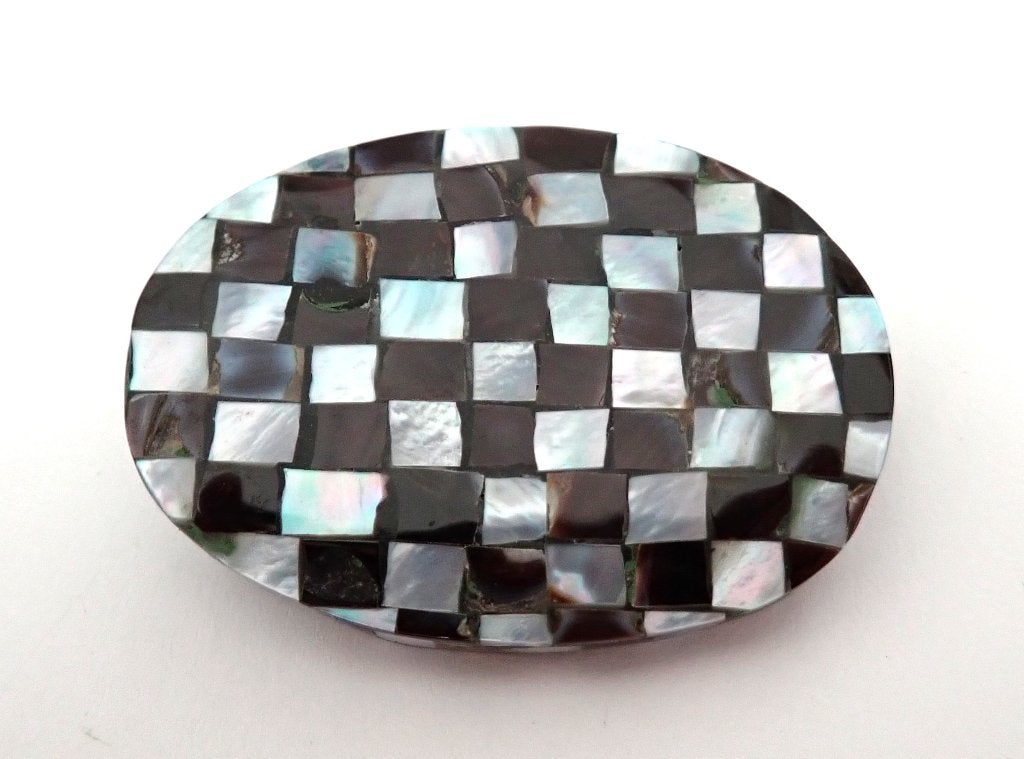 Vintage Broche Ovaal Moederparel Zwart Wit Schaakbord, Overige materialen, 4 tot 7 cm, Overige kleuren, Verzenden
