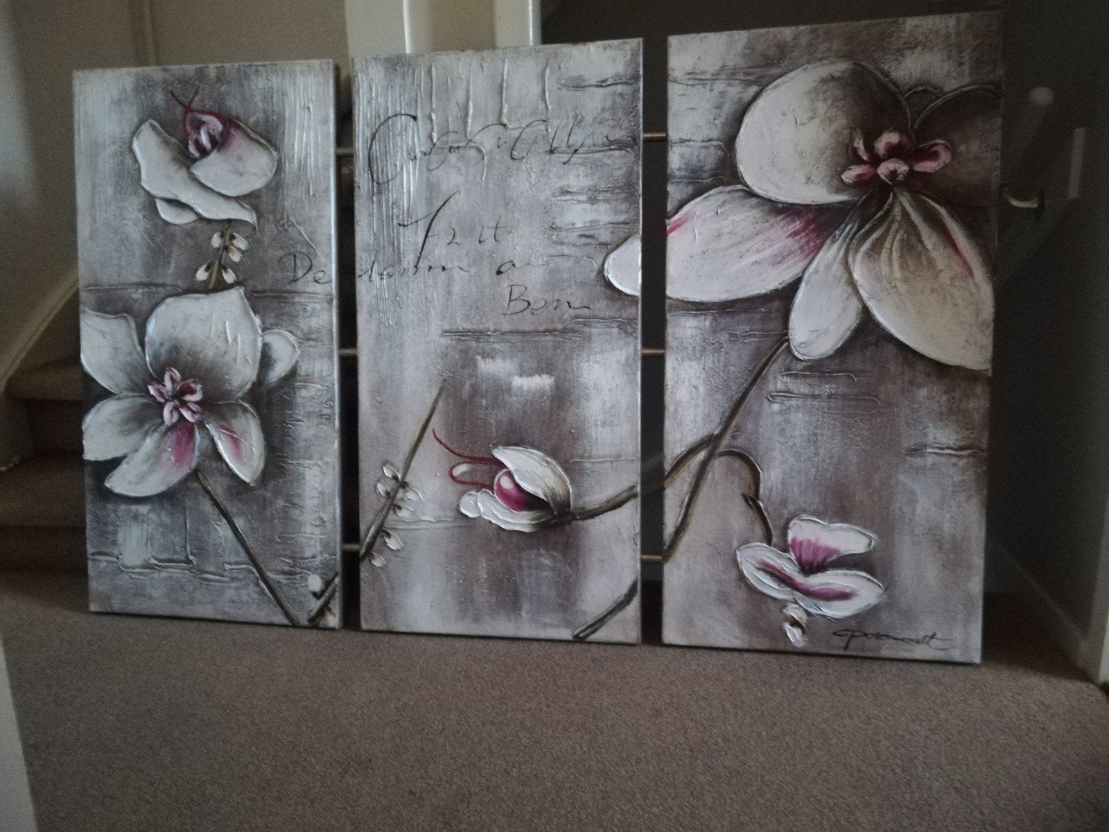 Drieluik Schilderij: Taupe, Grijs, Rosé Bloemen (1.58x1.00m), Ophalen