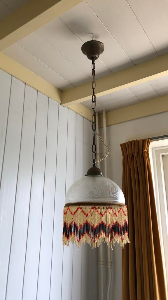 Fraaie jugendstil hanglamp geetst glas en kralen, Antiek en Kunst, Antiek | Lampen, Ophalen of Verzenden