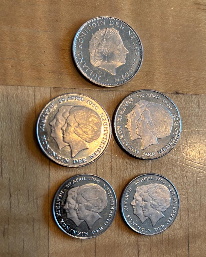 5 Munten 30 april 1980, Postzegels en Munten, Koningin Beatrix, Zilver, Ophalen of Verzenden, Losse munt