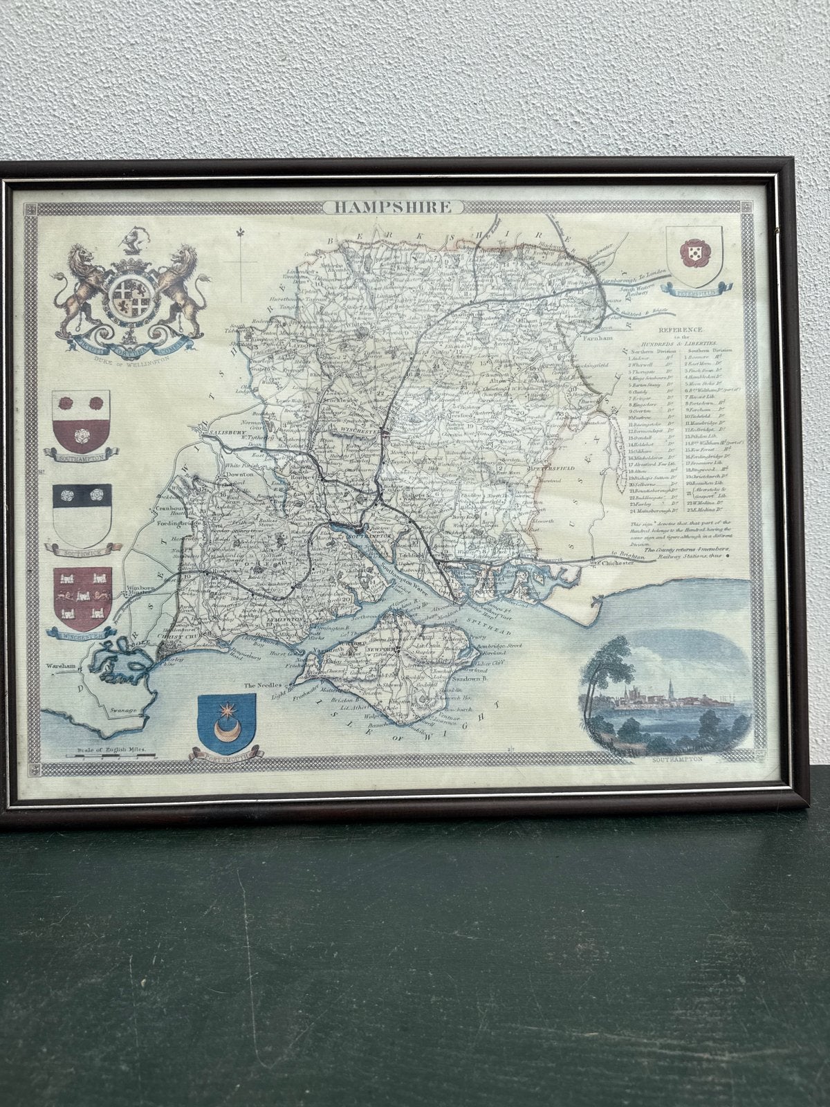 Ingelijste antieke kaart van Hampshire, Engeland, Boeken, Atlassen en Landkaarten, Gelezen, Verenigd Koninkrijk, Ophalen of Verzenden