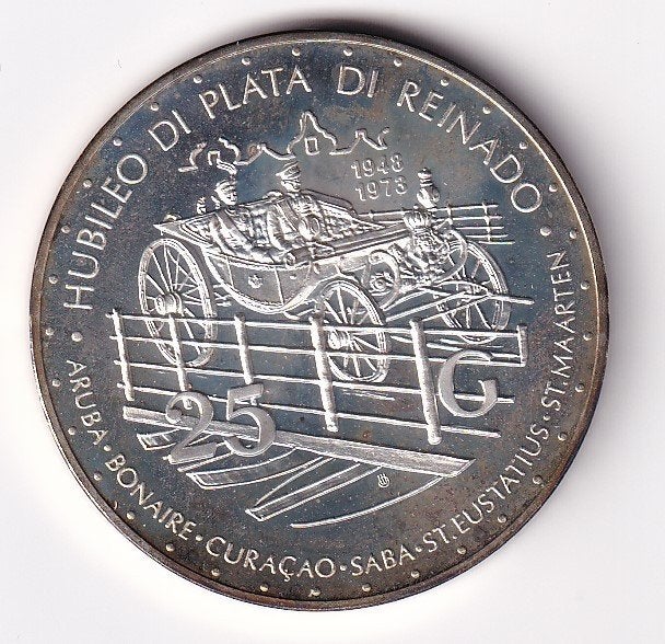 Nederlandse Antillen 25 Gulden 1973 met Patina, Postzegels en Munten, Munten | Nederland, Koningin Juliana, Verzenden, Zilver
