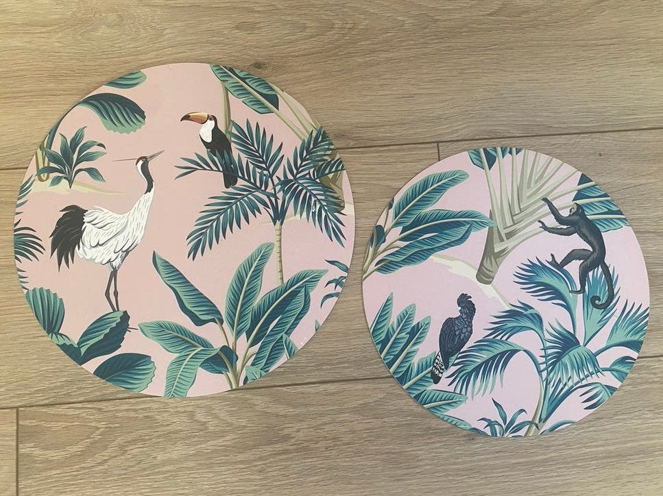 Set van 2 tropische wandcirkels met dierenprint, Gebruikt, 35 cm, Meerkleurig, Ophalen of Verzenden