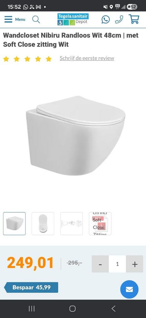 Wandcloset Nibiru Randloos Wit 48cm met Soft Close zitting, Ophalen, Nieuw, Toilet