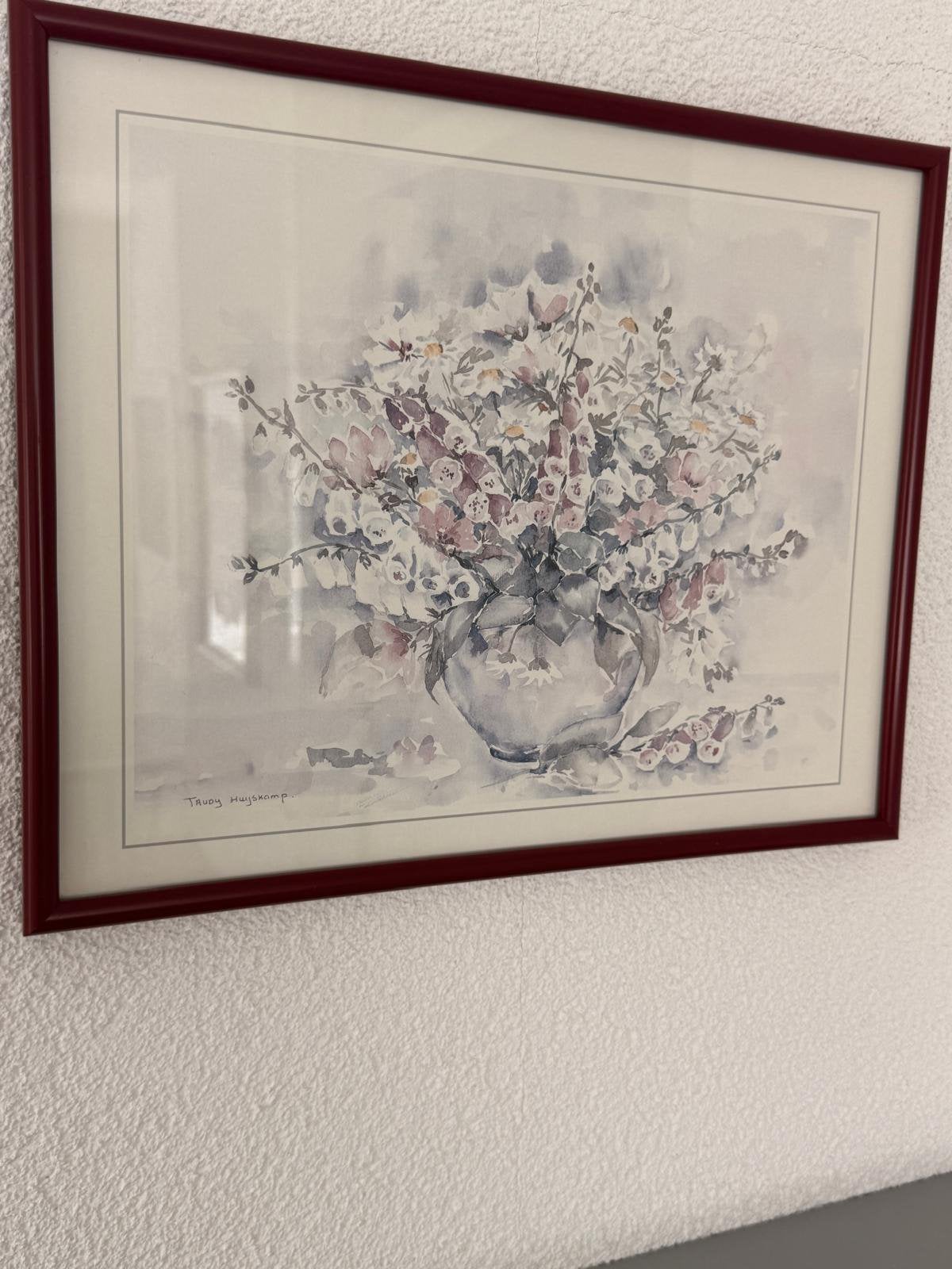 Originelel aquarel Trudy Huyskamp bloemenstilleven, Antiek en Kunst, Ophalen, Aquarel, Gesigneerd
