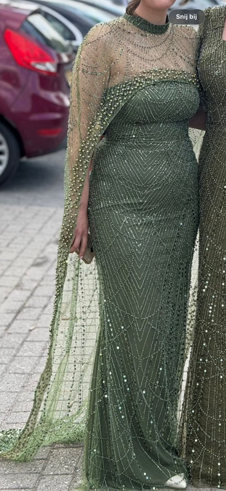 Prachtige Groene Galajurk met Kralen en Cape, Kleding | Dames, Jurken, Maat 38/40 (M), Blauw, Ophalen of Verzenden, Zo goed als nieuw