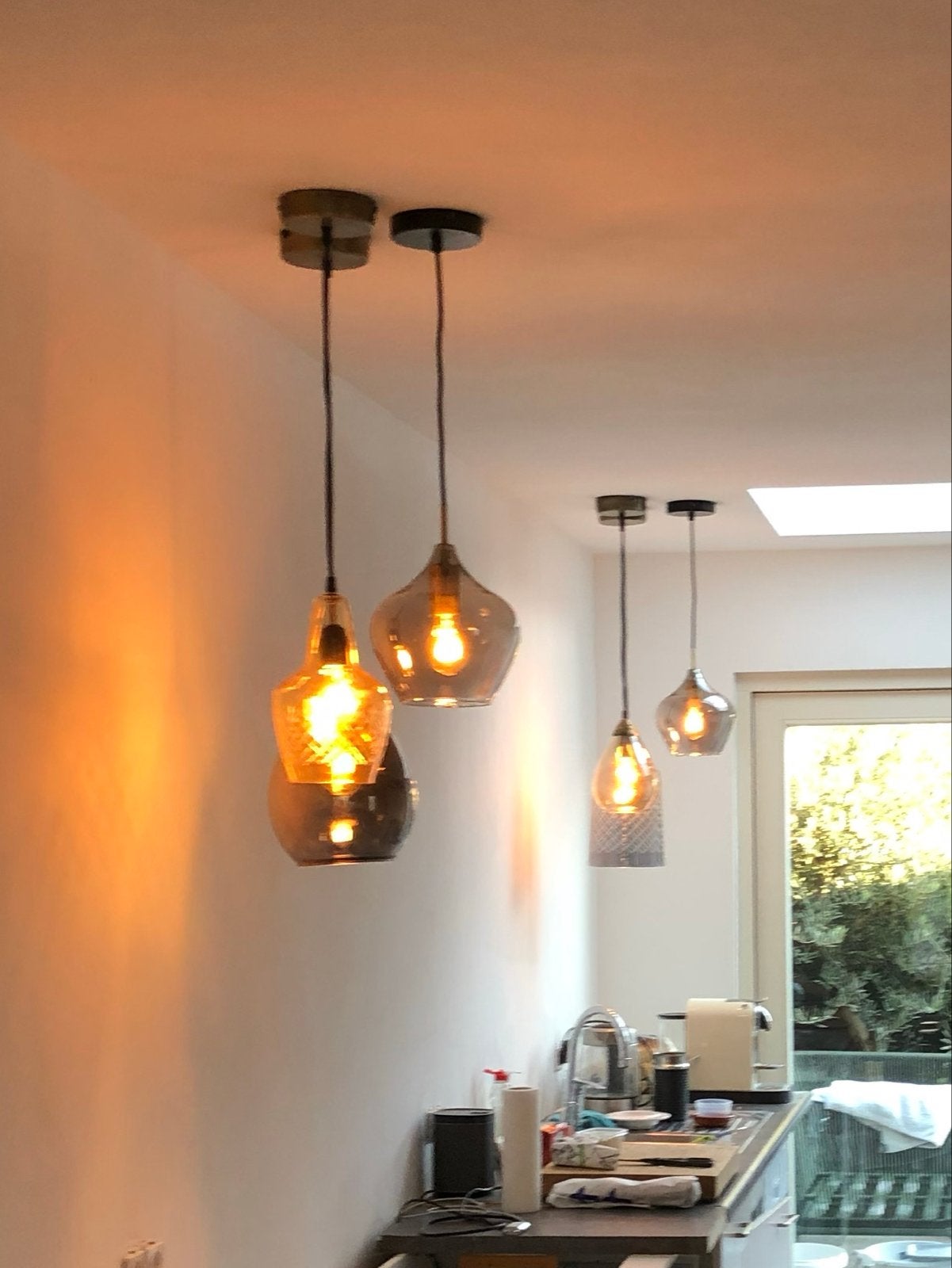 6 hanglampen met verlichting, los van elkaar, Ophalen, Gebruikt, Glas, E27 (groot)