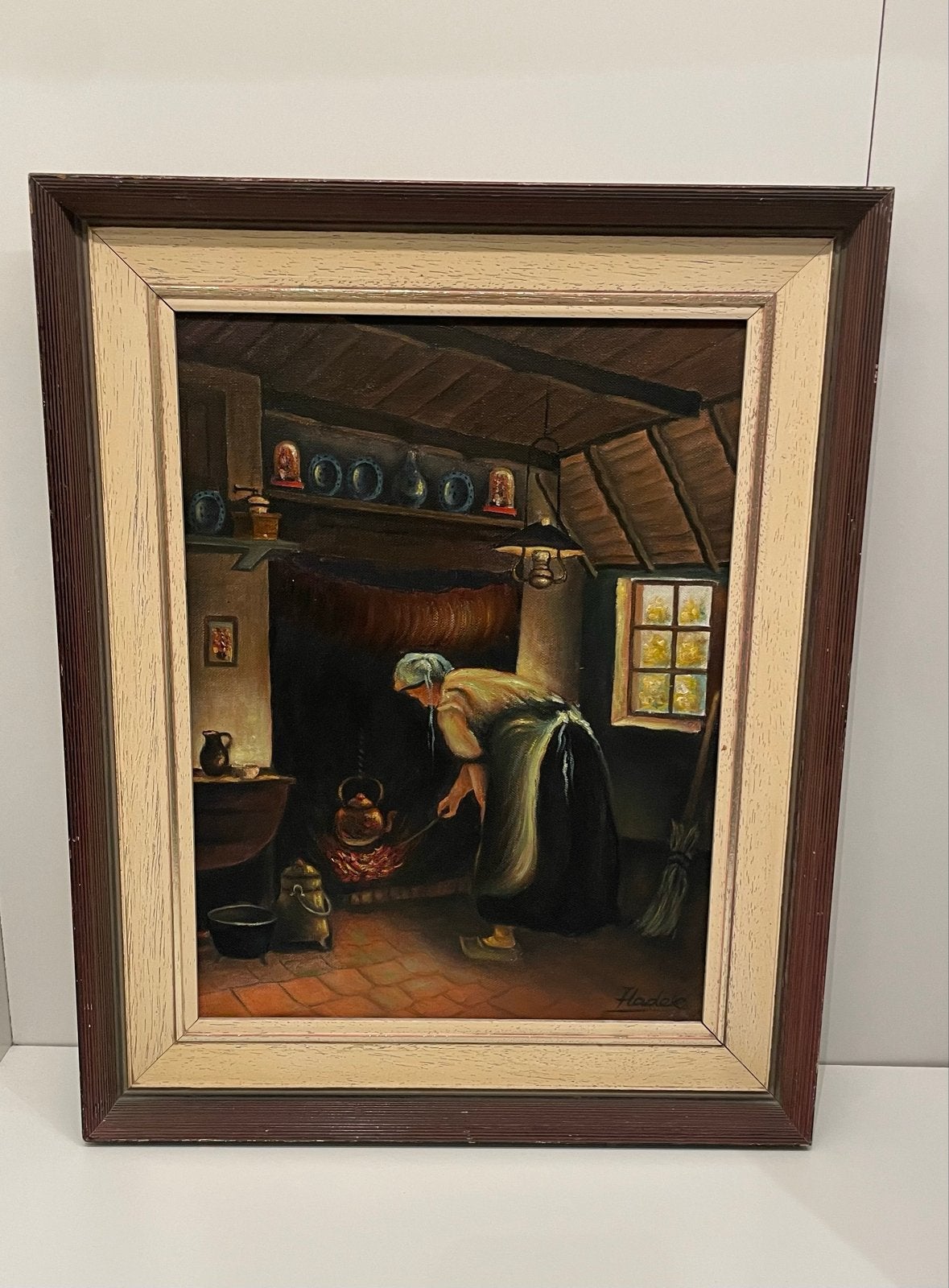 Schilderij: Vrouw bij de haard (40x50 cm), Antiek en Kunst, Ophalen, Doek, Oud hollands, Olieverf