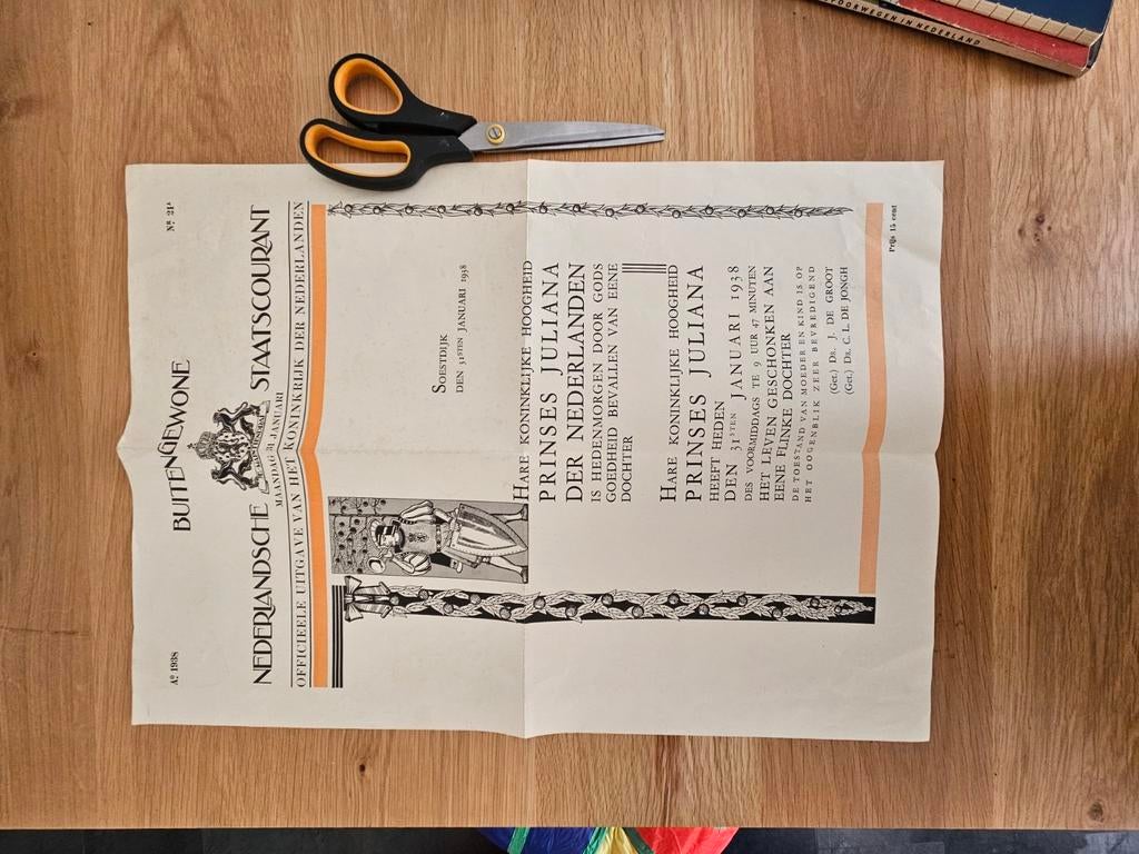 Staats courant 1938 geboorte Prinses beatrix, Verzamelen, Koninklijk Huis en Royalty, Ophalen of Verzenden