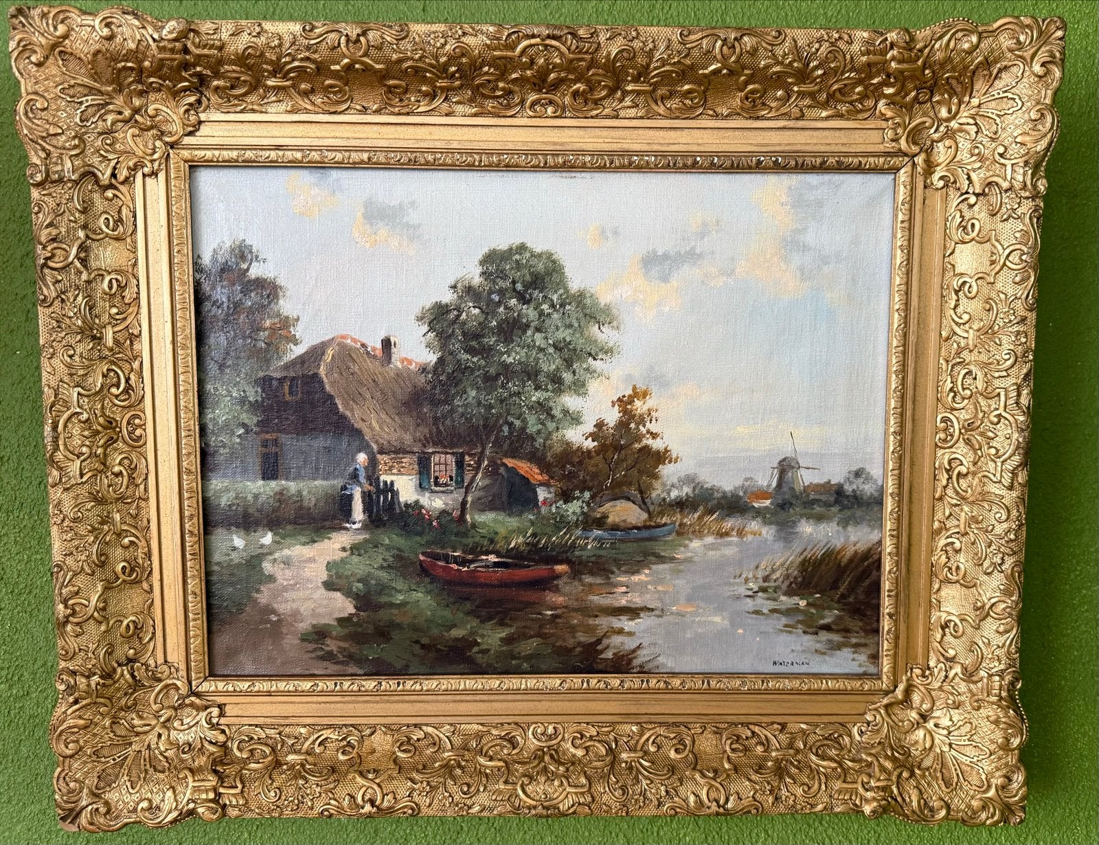 Schilderij Waterman - Hollands Landschap met Molen en Boerde, Doek, Ophalen of Verzenden, Gesigneerd, Landschap