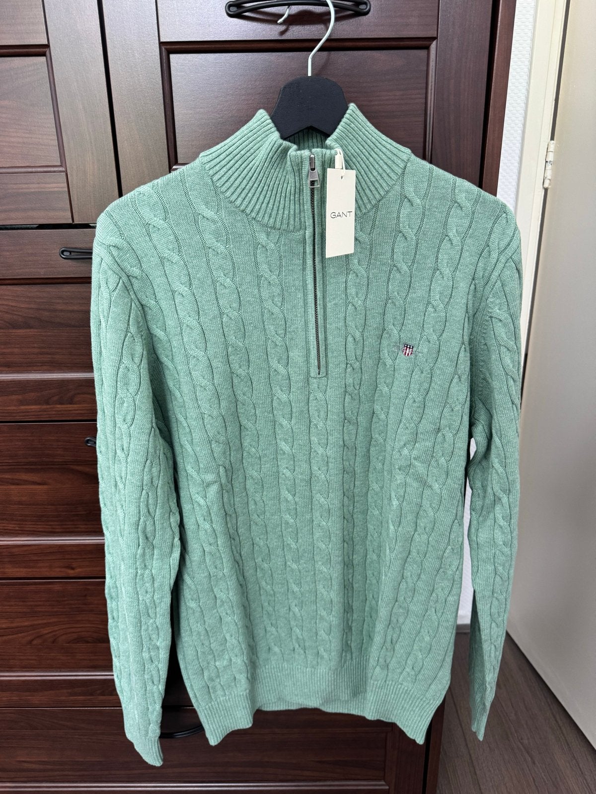 Gant kabeltrui 1/4 zip groen nieuw maat L, Ophalen of Verzenden, Nieuw, Maat 52/54 (L), Groen
