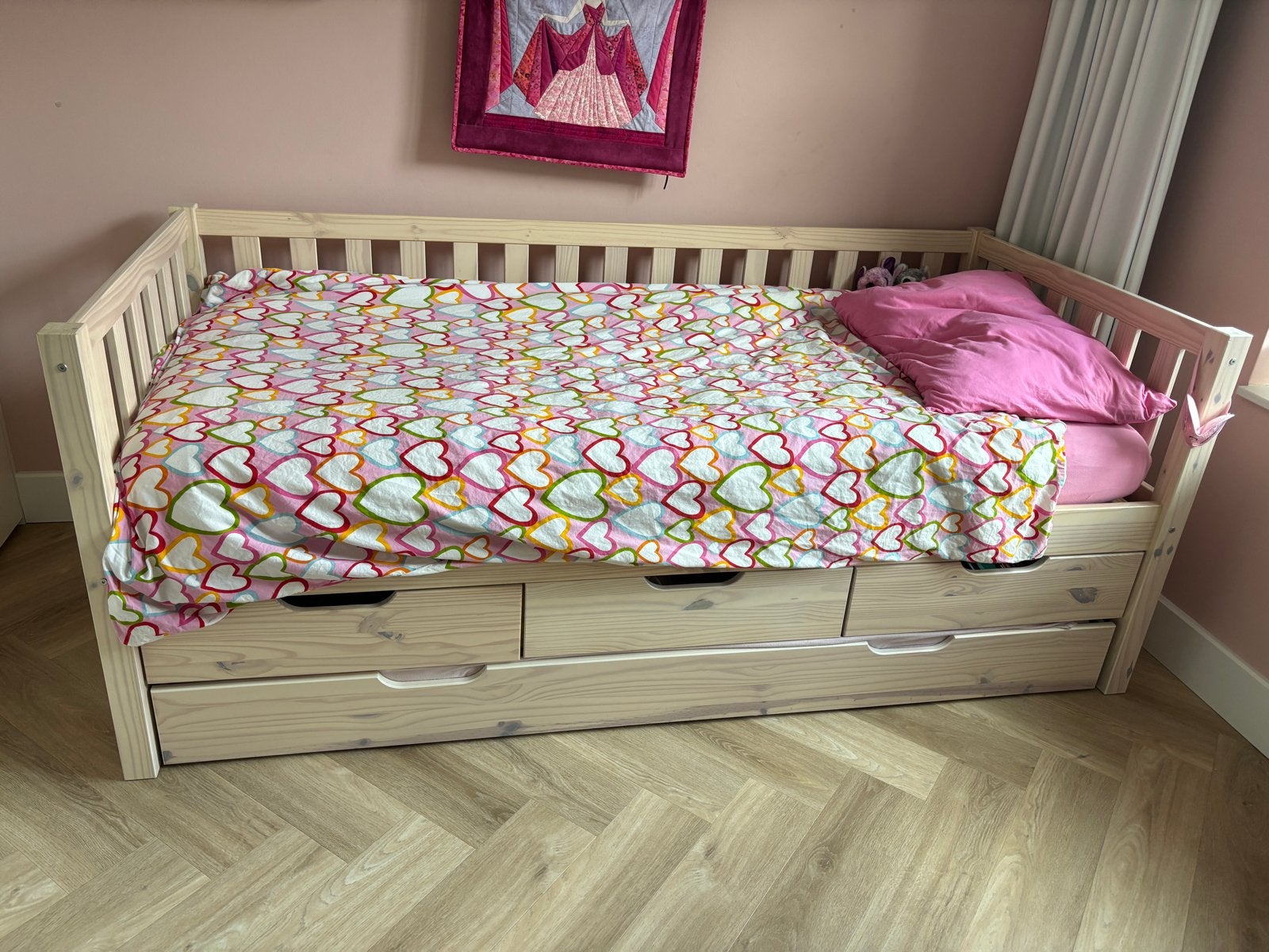 Houten bedbank met 3 lades en uitschuifbaar bed, Ophalen, Gebruikt, 90 cm, Eenpersoons