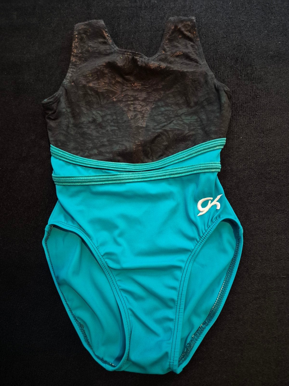GK Turnpakje Zwart/Turquoise - Zo goed als nieuw, Sport en Fitness, Turnen, Zwart, Overige typen, Zo goed als nieuw, Kindermaat 122 t/m 140