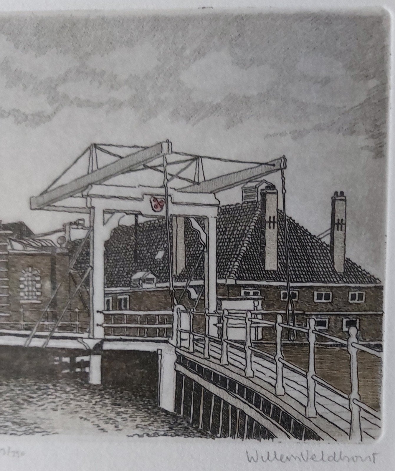 Willem Veldthuis - Leiden Morspoort - Ets (163/250), Antiek en Kunst, Ophalen, Stadsgezicht, Genummerd, 1950 - 1999