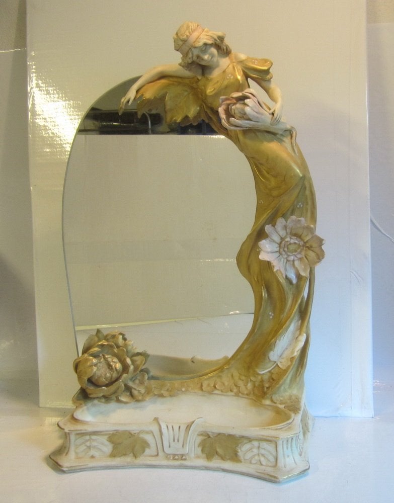 Art nouveau Royal Dux , vrouw bloemen met spiegel, H 60 cm, Ophalen