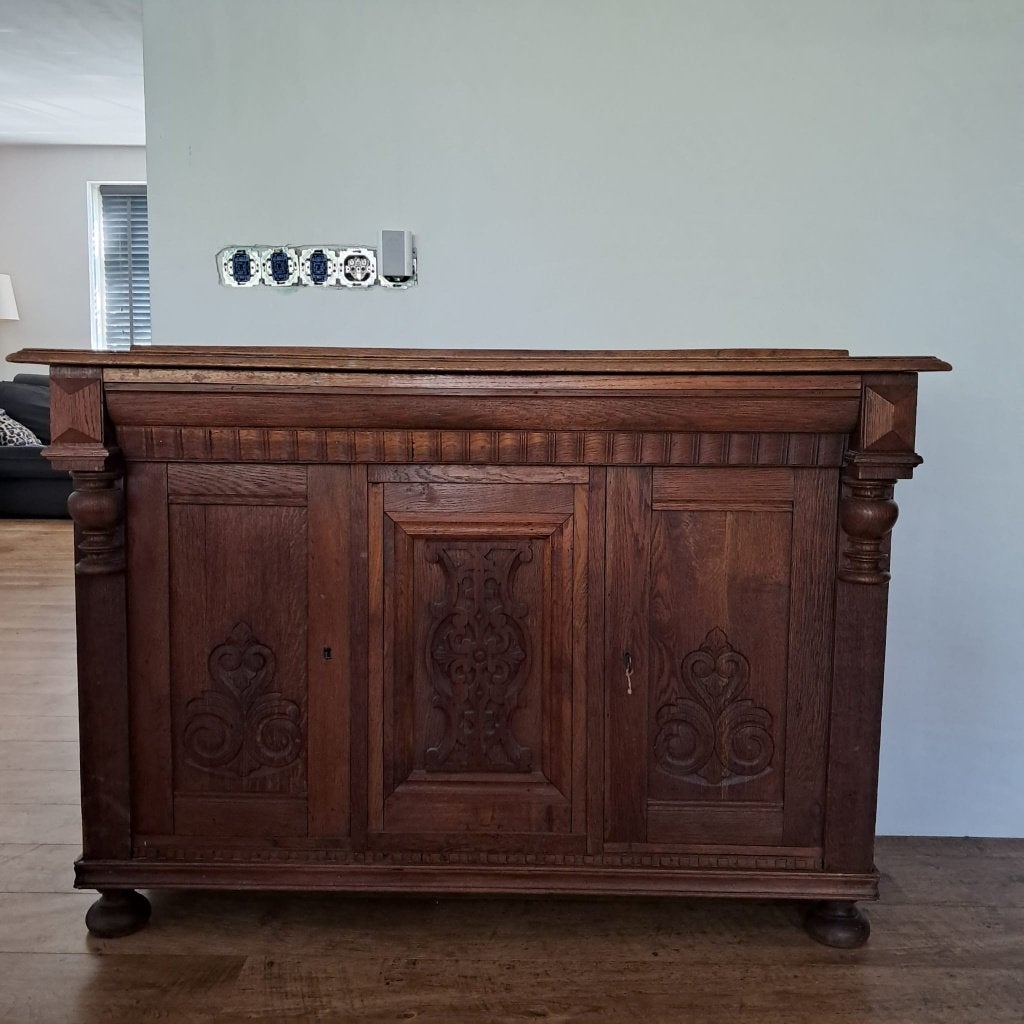 antiek eiken dressoir / credens, Ophalen, 100 tot 150 cm, 25 tot 50 cm, Gebruikt