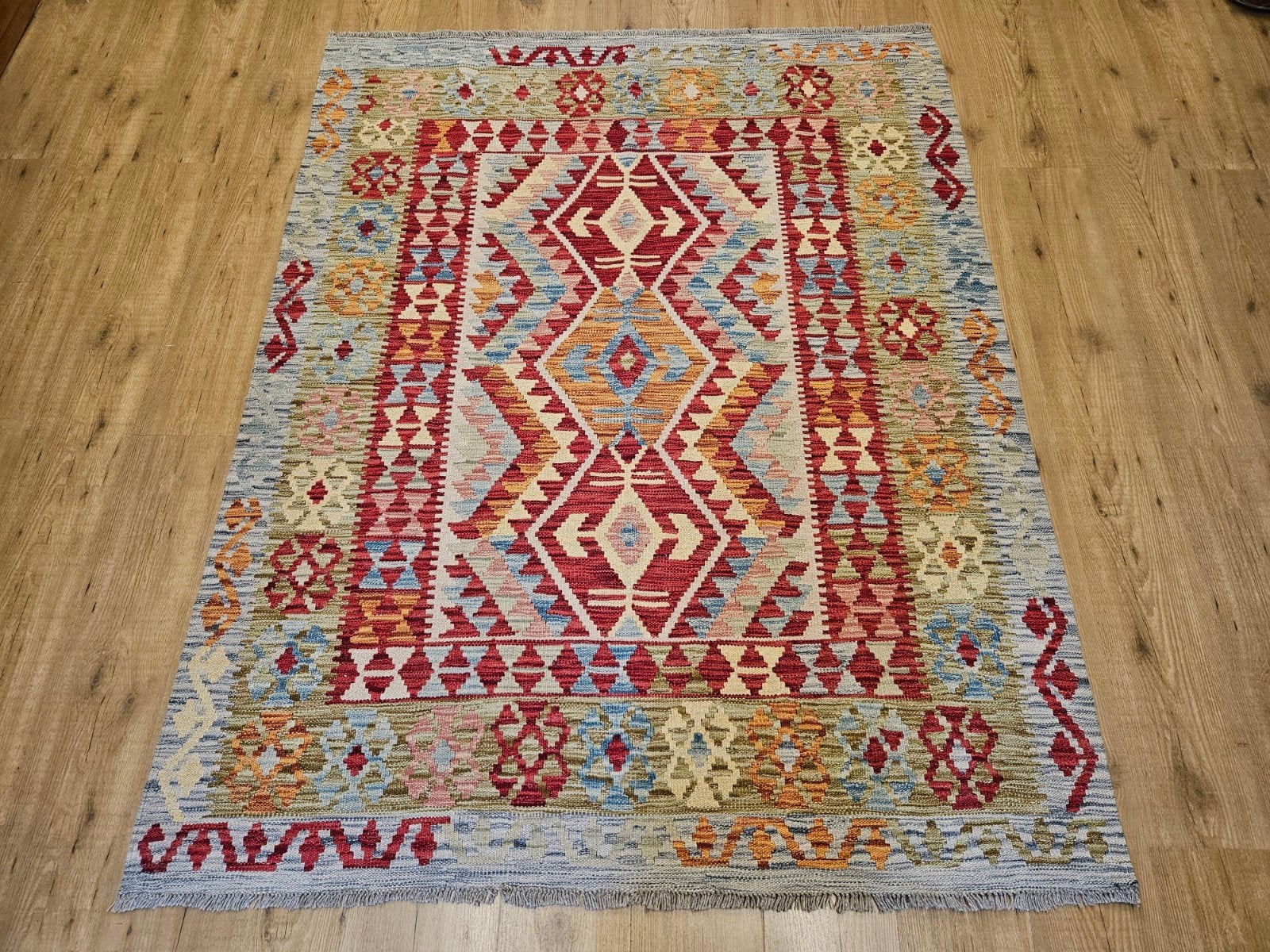 handgeweven oosterse wollen kelim 190x150, Info@SlatsAntiek.nl, Crème, 100 tot 150 cm, Vof Slats Antiek
