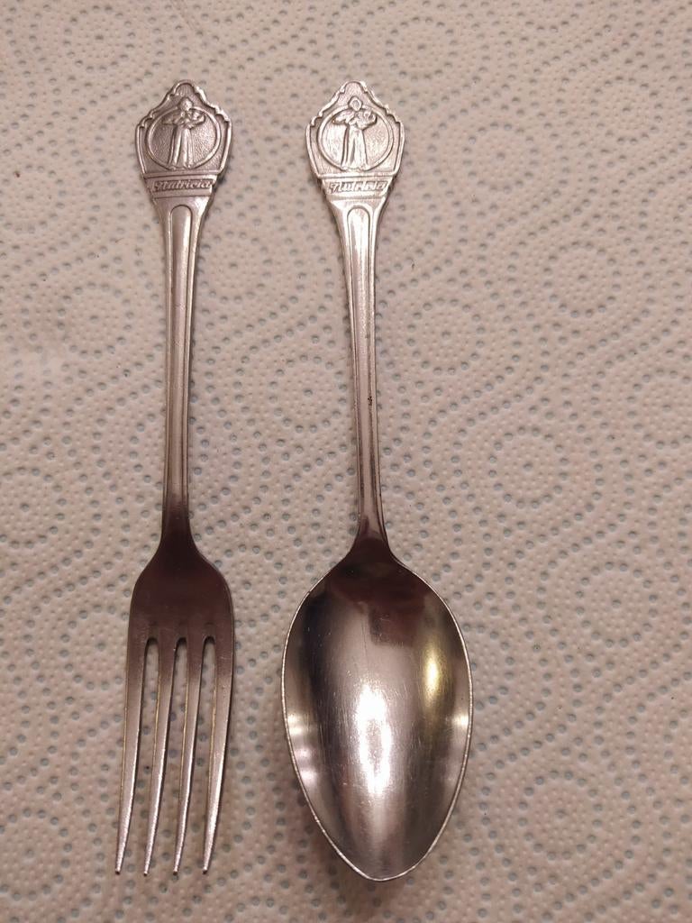 Vintage kinderbestek lepel en vork Nutricia jaren 70, Ophalen of Verzenden