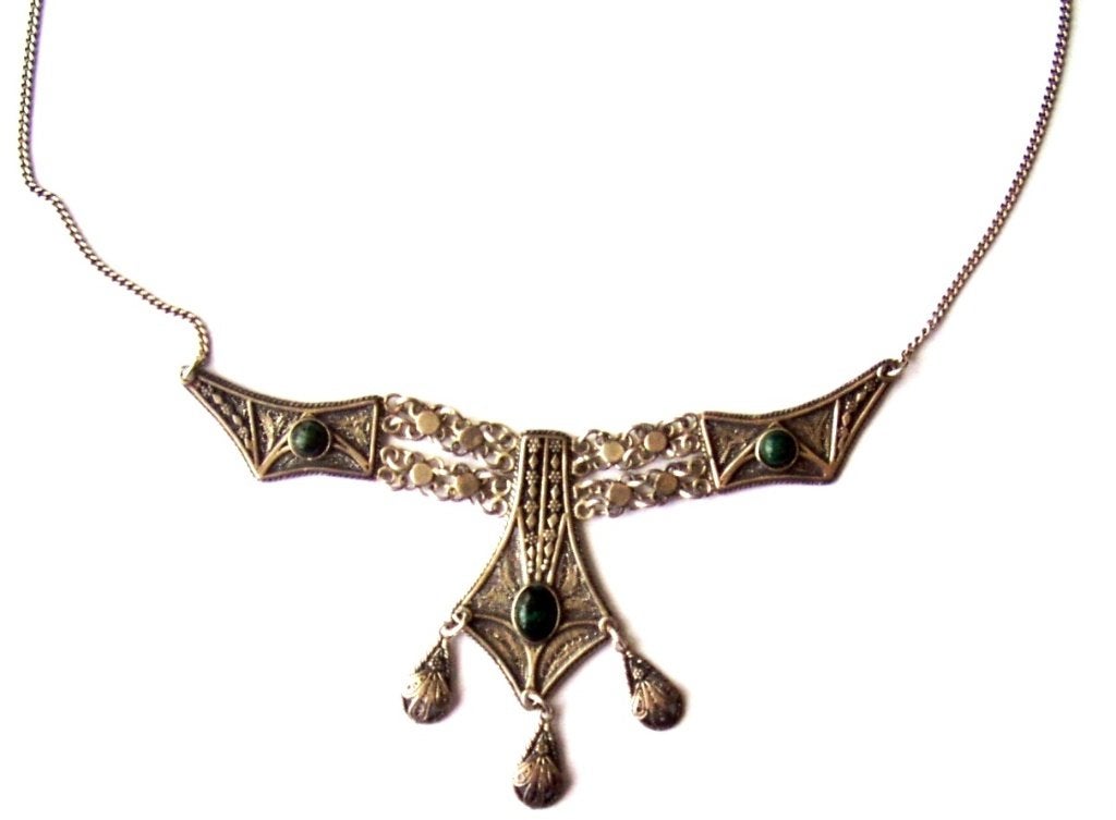 925 zilveren hanger met ketting collier malachiet, Antiek, Ophalen, Zilver, Hanger, Met edelsteen