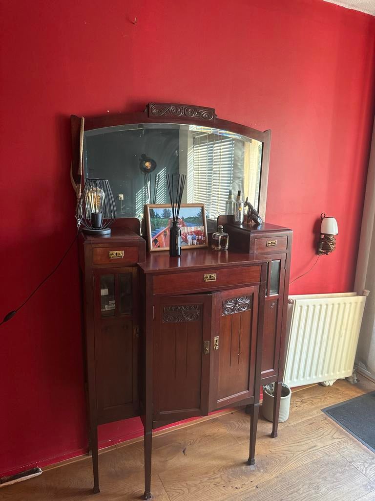 Antieke Art Nouveau kaptafel met spiegel, Ophalen of Verzenden