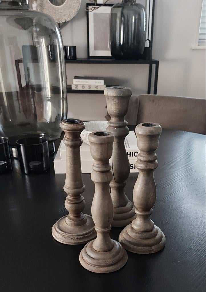 Set van 4 houten kandelaars, Hoffz style, Huis en Inrichting, Ophalen of Verzenden