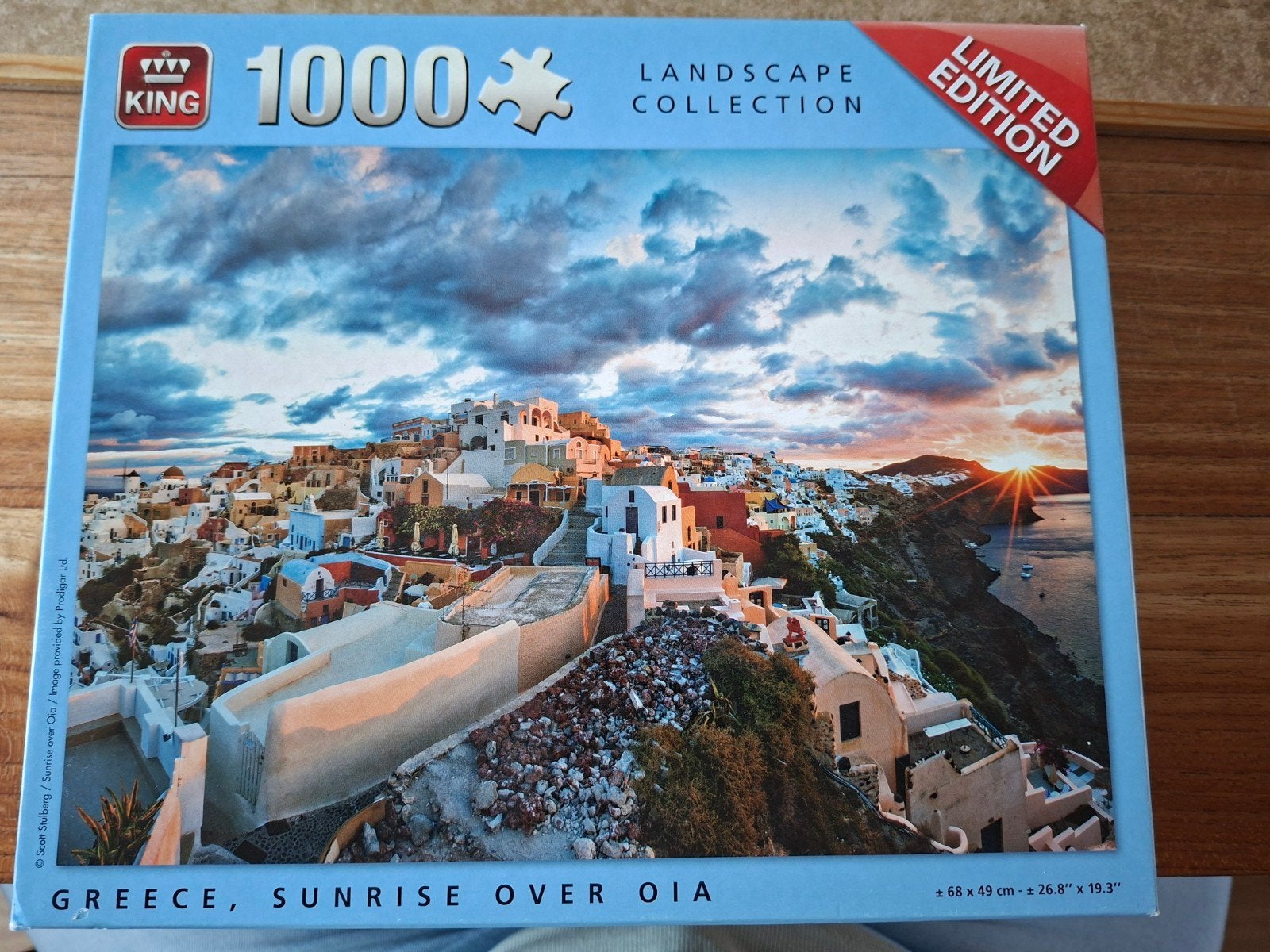 King puzzel 1000 stukjes, sunrise over Oia,  Greece, Ophalen of Verzenden, 500 t/m 1500 stukjes, Zo goed als nieuw, Legpuzzel