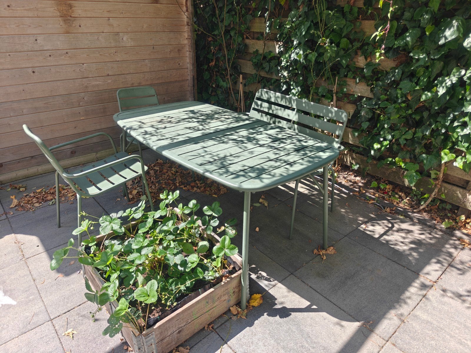 Groene metalen tuinset 160x90, Ophalen, Gebruikt, Bank, Tuinset