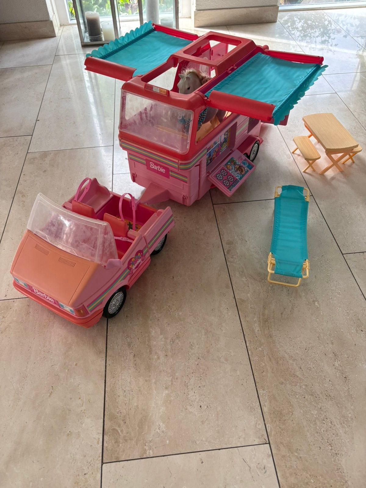 Barbie paardrijtrailer+auto (Vintage jaren ‘90), Ophalen, Gebruikt, Toebehoren