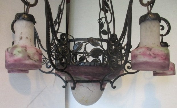 monumentale art deco luster Muller freres zes kappen 32, Antiek en Kunst, Antiek | Lampen, Ophalen