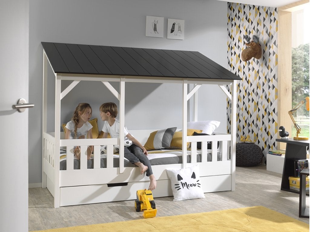 Huisbed met zwart dak - 90x200 - Wit, Kinderen en Baby's, Kinderkamer | Bedden, Niet ingevuld, Niet ingevuld, Niet ingevuld