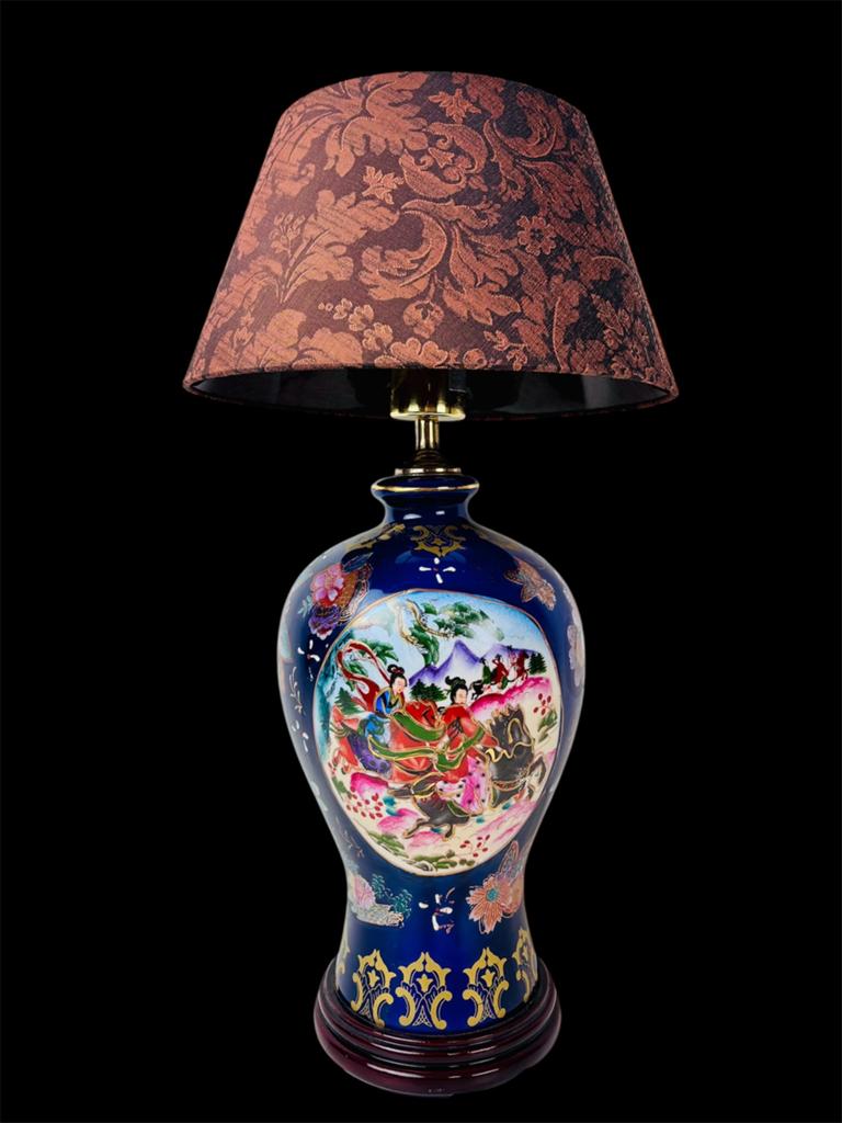 Chinees handbeschilderde tafellamp, Huis en Inrichting, Lampen | Tafellampen, Blauw, Ophalen of Verzenden, Zo goed als nieuw, Handgemaakt