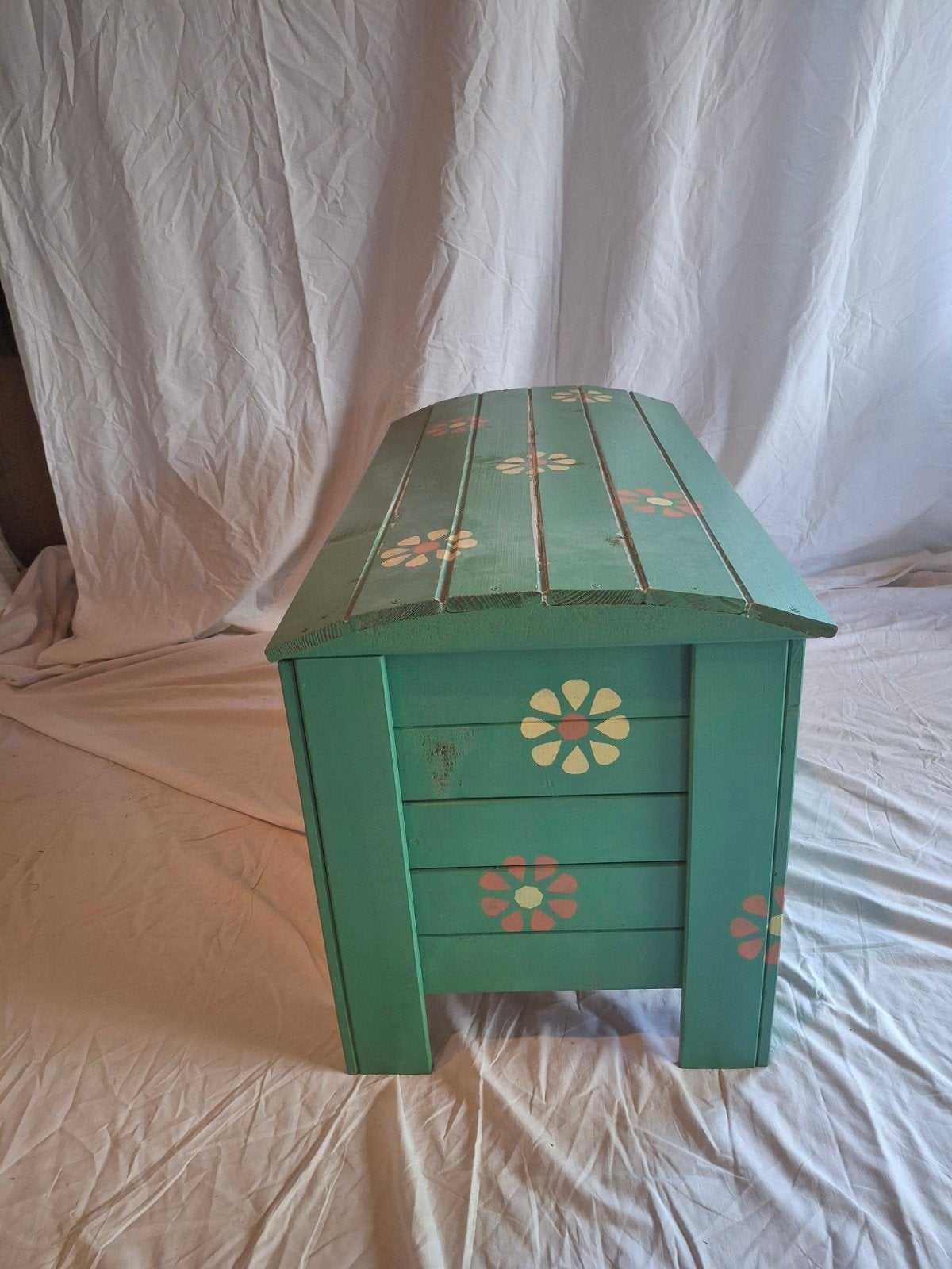 Houten Speelgoedkist Groen met Bloemen - Opbergkist, Ophalen, 50 tot 100 cm, Minder dan 50 cm